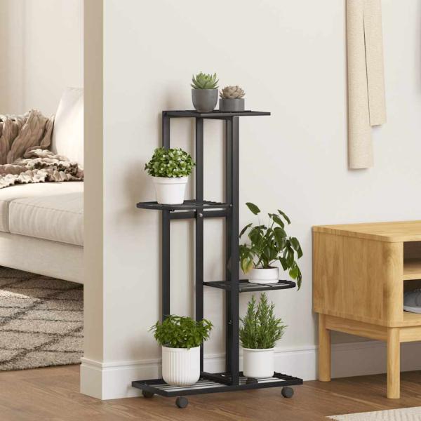 ARDEBO.de - Blumenständer 4-Etagen mit Rollen 44x23x80 cm Schwarz Eisen