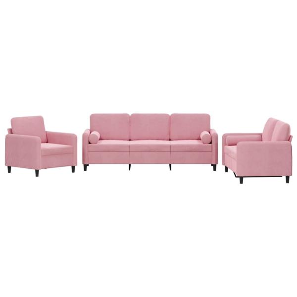 3-tlg. Sofagarnitur mit Kissen Rosa Samt