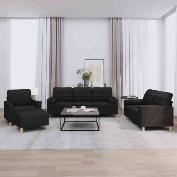 ARDEBO.de - 4-tlg. Sofagarnitur mit Kissen Schwarz Stoff