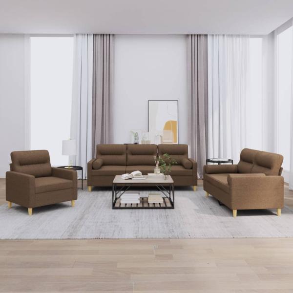 ARDEBO.de - 3-tlg. Sofagarnitur mit Kissen Braun Stoff