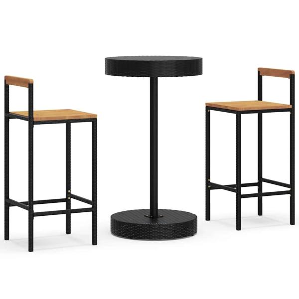 3-tlg. Gartenbar-Set Schwarz Poly Rattan & Massivholz Akazie
