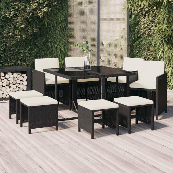 ARDEBO.de - 9-tlg. Garten-Essgruppe mit Kissen Poly Rattan Schwarz