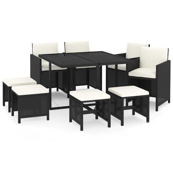 9-tlg. Garten-Essgruppe mit Kissen Poly Rattan Schwarz