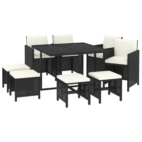 9-tlg. Garten-Essgruppe mit Kissen Poly Rattan Schwarz