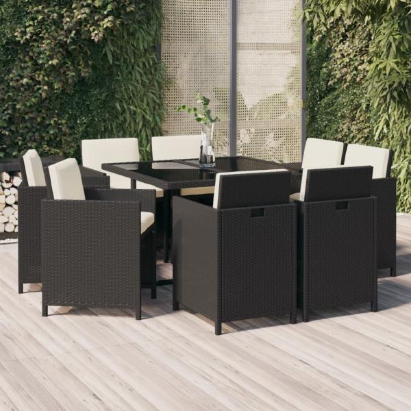 ARDEBO.de - 9-tlg. Garten-Essgruppe mit Auflagen Poly Rattan Schwarz