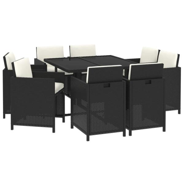 9-tlg. Garten-Essgruppe mit Auflagen Poly Rattan Schwarz