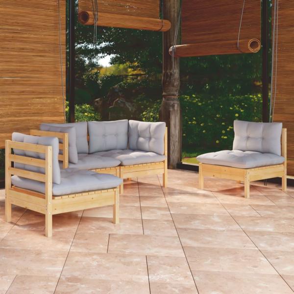 ARDEBO.de - 4-tlg. Garten-Lounge-Set mit Grauen Kissen Kiefer Massivholz