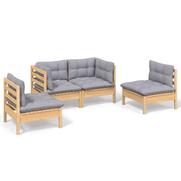 4-tlg. Garten-Lounge-Set mit Grauen Kissen Kiefer Massivholz
