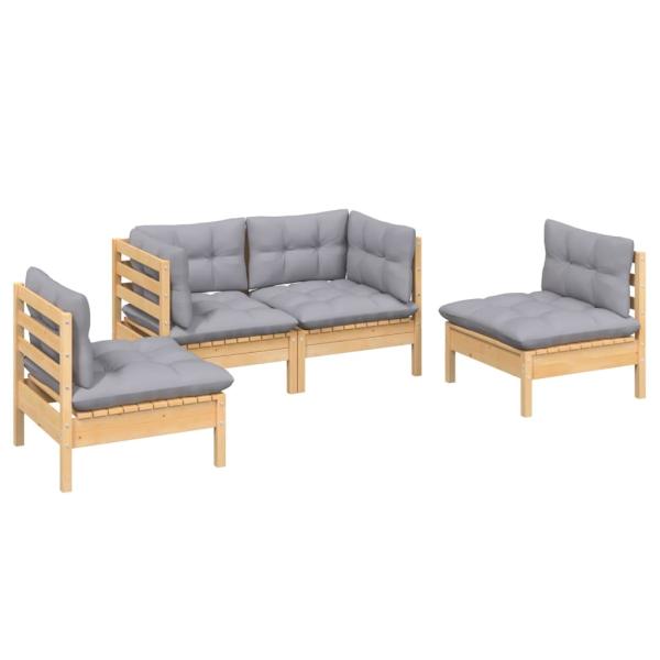 4-tlg. Garten-Lounge-Set mit Grauen Kissen Kiefer Massivholz