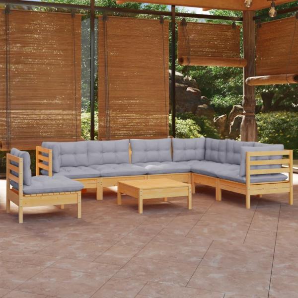ARDEBO.de - 8-tlg. Garten-Lounge-Set mit Grauen Kissen Kiefer Massivholz