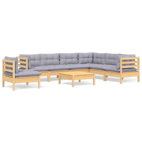8-tlg. Garten-Lounge-Set mit Grauen Kissen Kiefer Massivholz