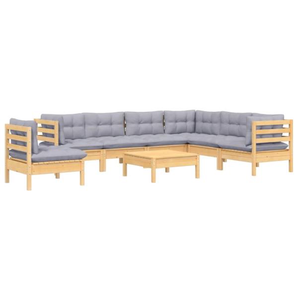 8-tlg. Garten-Lounge-Set mit Grauen Kissen Kiefer Massivholz