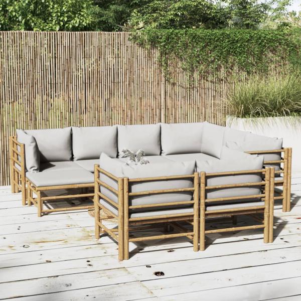 ARDEBO.de - 10-tlg. Garten-Lounge-Set mit Hellgrauen Kissen Bambus