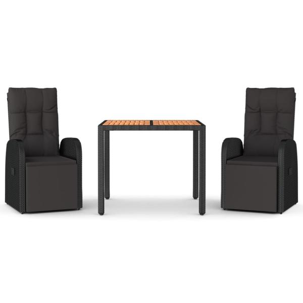 3-tlg. Garten-Essgruppe Schwarz Poly Rattan & Massivholz Akazie