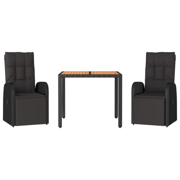 3-tlg. Garten-Essgruppe Schwarz Poly Rattan & Massivholz Akazie