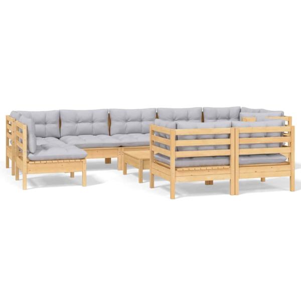 10-tlg. Garten-Lounge-Set mit Grauen Kissen Kiefer Massivholz