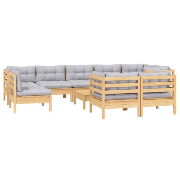 10-tlg. Garten-Lounge-Set mit Grauen Kissen Kiefer Massivholz