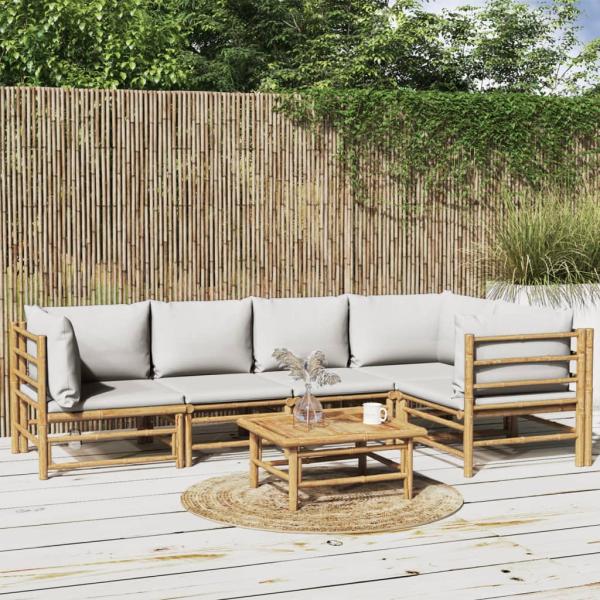 ARDEBO.de - 6-tlg. Garten-Lounge-Set mit Hellgrauen Kissen Bambus