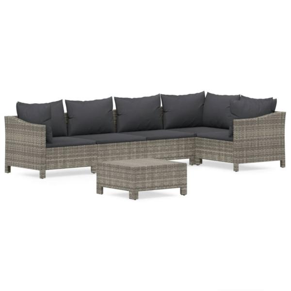 6-tlg. Garten-Lounge-Set mit Kissen Grau Poly Rattan