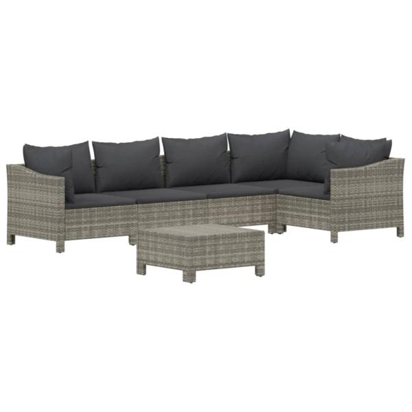 6-tlg. Garten-Lounge-Set mit Kissen Grau Poly Rattan