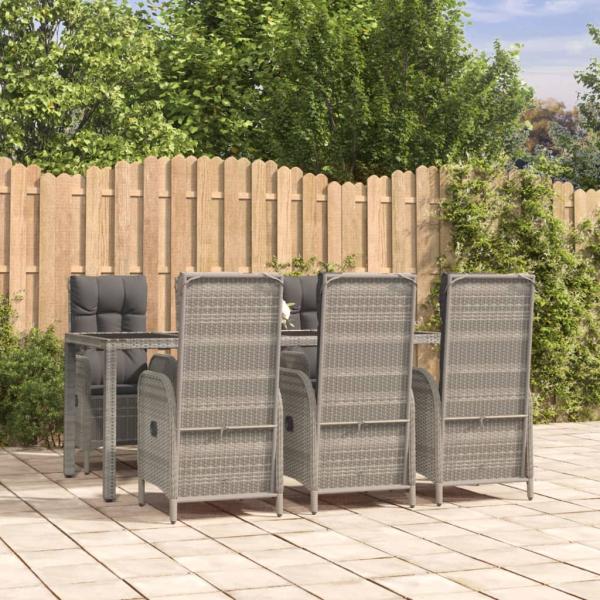 ARDEBO.de - 7-tlg. Garten-Essgruppe mit Kissen Grau Poly Rattan