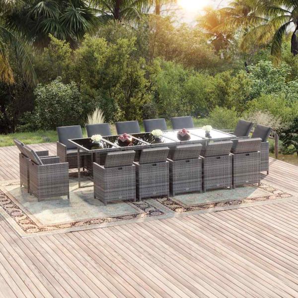 ARDEBO.de - 15-tlg. Garten-Essgruppe mit Kissen Poly Rattan Grau