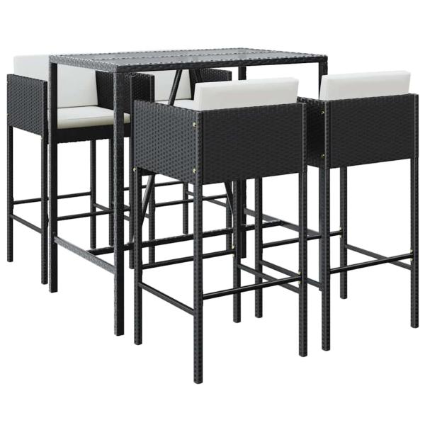 5-tlg. Gartenbar-Set mit Kissen Schwarz Poly Rattan