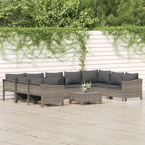 ARDEBO.de - 10-tlg. Garten-Lounge-Set mit Kissen Grau Poly Rattan