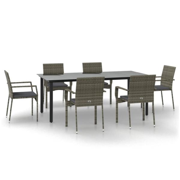 7-tlg. Garten-Essgruppe mit Kissen Schwarz und Grau Poly Rattan