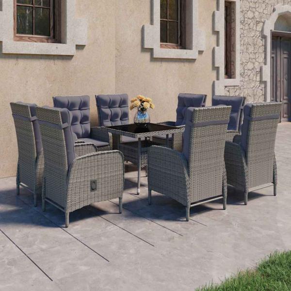 ARDEBO.de - 9-tlg. Garten-Essgruppe Poly Rattan und Glas Grau