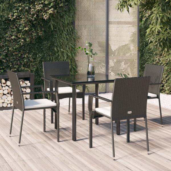 ARDEBO.de - 5-tlg. Garten-Essgruppe mit Kissen Schwarz Poly Rattan