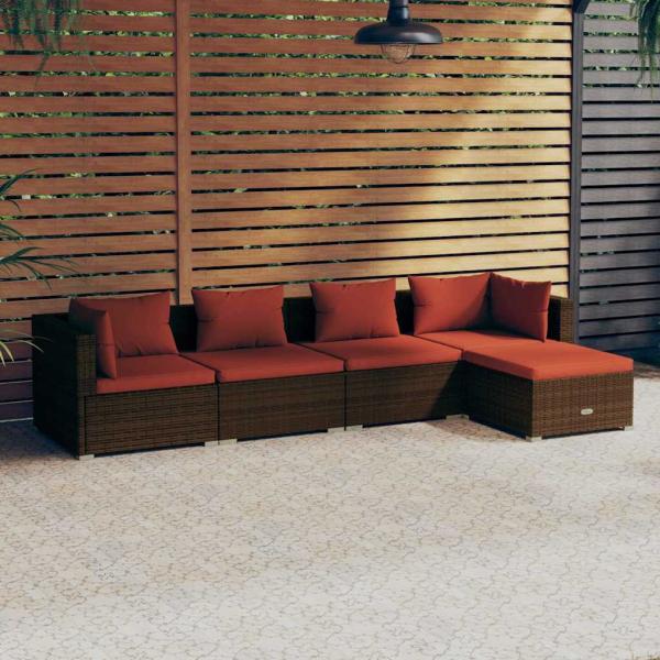 ARDEBO.de - 5-tlg. Garten-Lounge-Set mit Kissen Poly Rattan Braun