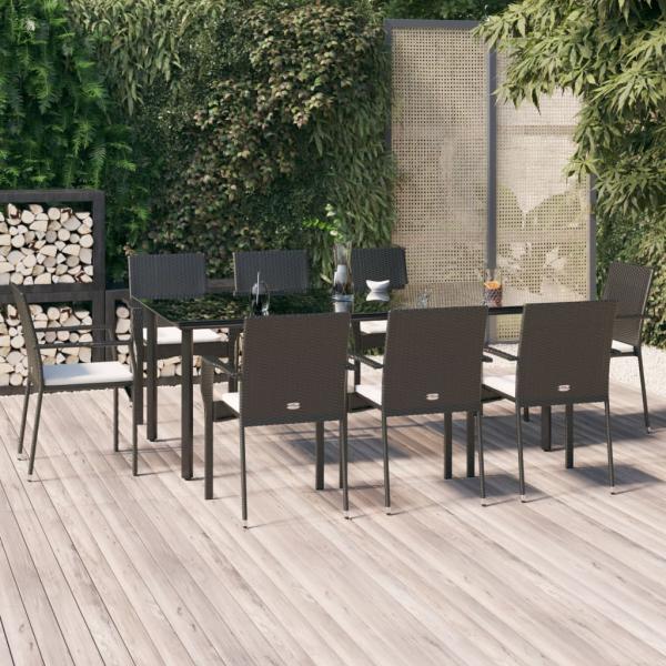 ARDEBO.de - 9-tlg. Garten-Essgruppe mit Kissen Schwarz Poly Rattan
