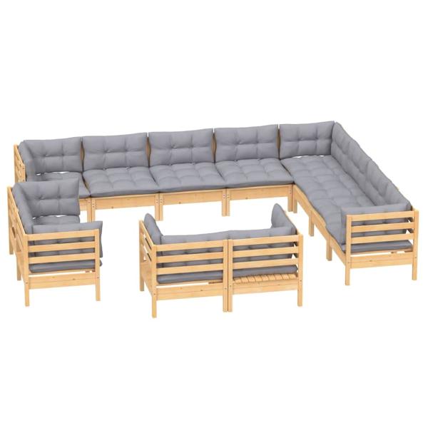 ARDEBO.de - 12-tlg. Garten-Lounge-Set mit Grauen Kissen Massivholz Kiefer