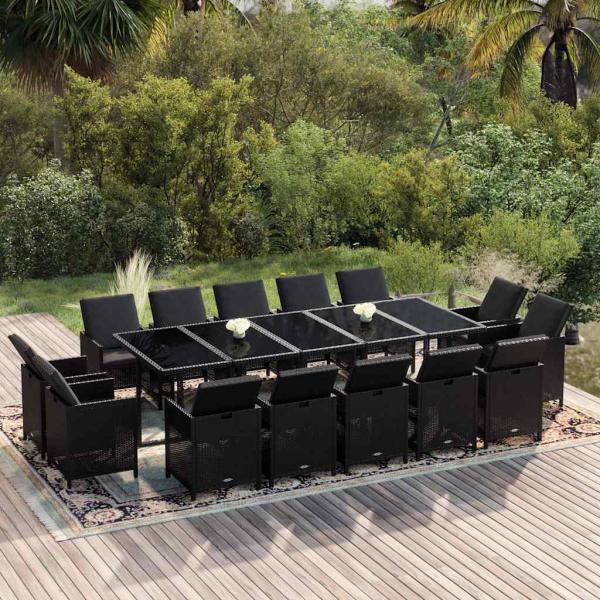 ARDEBO.de - 15-tlg. Garten-Essgruppe mit Kissen Poly Rattan Schwarz