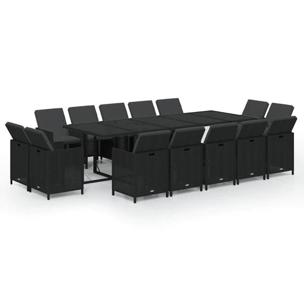 15-tlg. Garten-Essgruppe mit Kissen Poly Rattan Schwarz