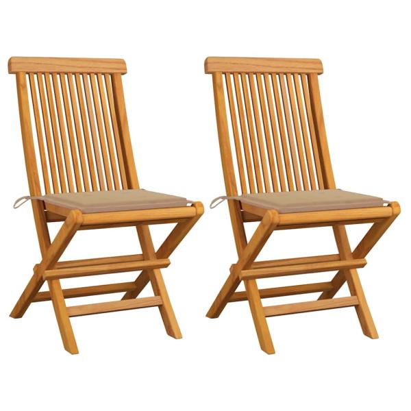 ARDEBO.de - Klappstühle mit beigen Kissen, 2 Stück, Massivholz Teakholz