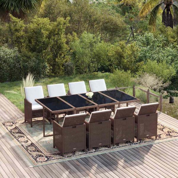 ARDEBO.de - 9-tlg. Garten-Essgruppe mit Kissen Poly Rattan Braun