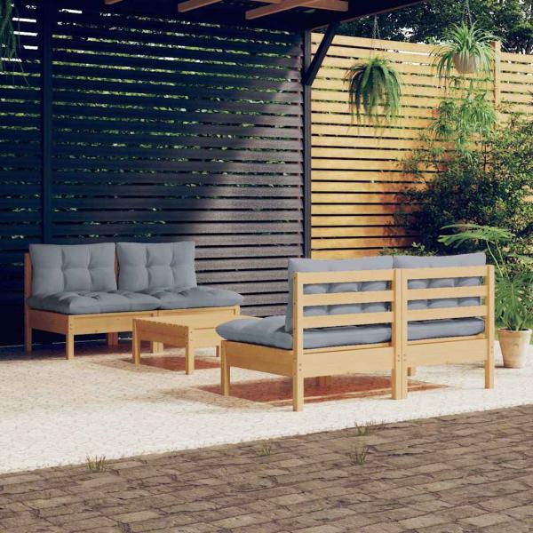 ARDEBO.de - 5-tlg. Garten-Lounge-Set mit Grauen Kissen Kiefernholz