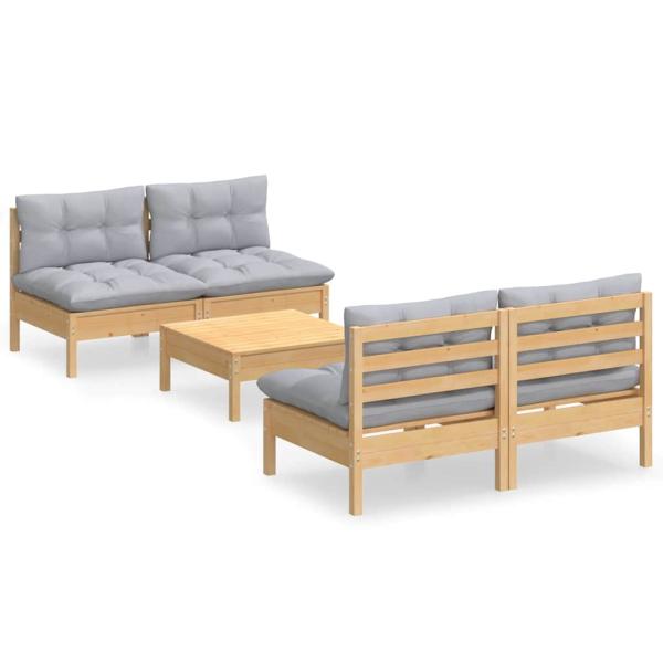 5-tlg. Garten-Lounge-Set mit Grauen Kissen Kiefernholz