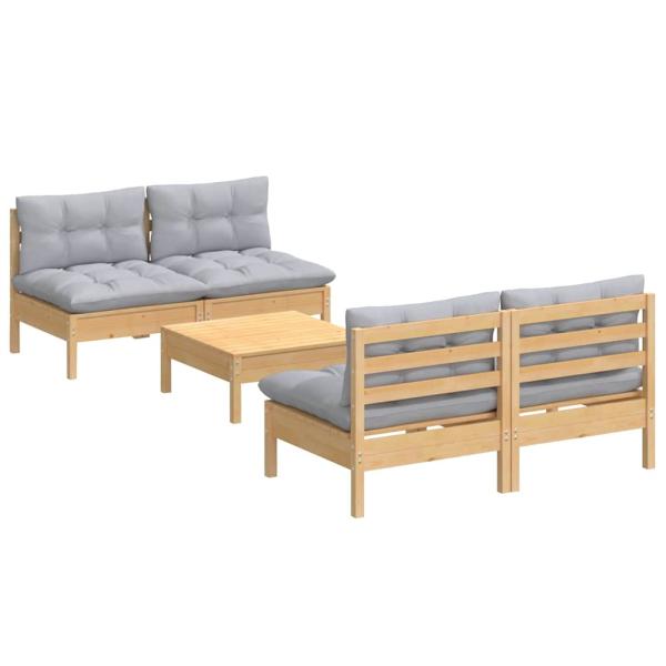 5-tlg. Garten-Lounge-Set mit Grauen Kissen Kiefernholz