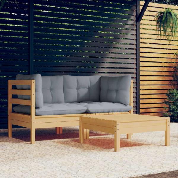 ARDEBO.de - 3-tlg. Garten-Lounge-Set mit Grauen Kissen Kiefernholz