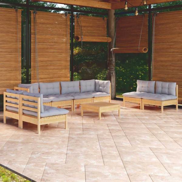 ARDEBO.de - 9-tlg. Garten-Lounge-Set mit Grauen Kissen Kiefer Massivholz