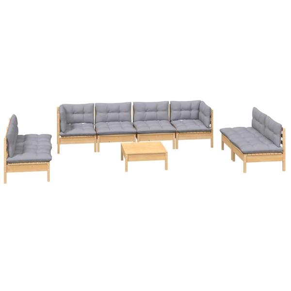 9-tlg. Garten-Lounge-Set mit Grauen Kissen Kiefer Massivholz