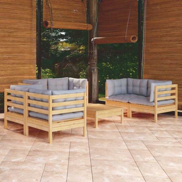 ARDEBO.de - 7-tlg. Garten-Lounge-Set mit Grauen Kissen Kiefer Massivholz