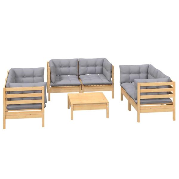 7-tlg. Garten-Lounge-Set mit Grauen Kissen Kiefer Massivholz