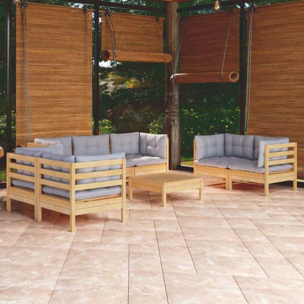ARDEBO.de - 8-tlg. Garten-Lounge-Set mit Grauen Kissen Kiefer Massivholz