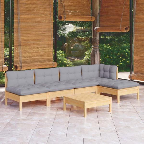 ARDEBO.de - 6-tlg. Garten-Lounge-Set mit Grauen Kissen Kiefernholz