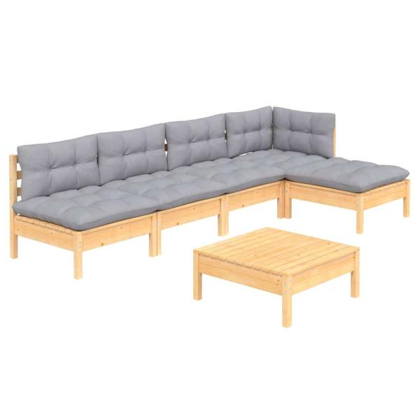 6-tlg. Garten-Lounge-Set mit Grauen Kissen Kiefernholz
