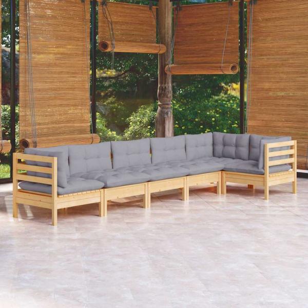ARDEBO.de - 6-tlg. Garten-Lounge-Set mit Grauen Kissen Kiefernholz